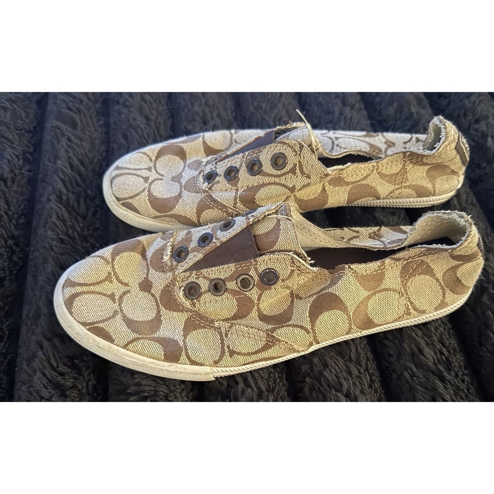 Coach Signature Logo Canvas Slip-On Sneakers Brown/Beige‎ Womens US 6.5 B